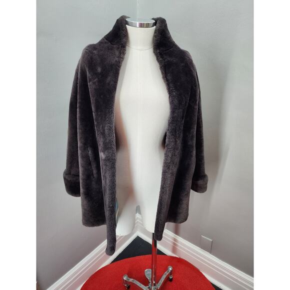 50s Vintage Charcoal Gray Mouton Fur Car Coat -L